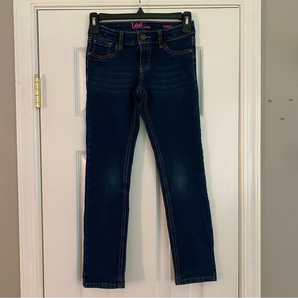 Lee Girls Dark Wash Blue Denim Skinny Jeans Size 8 Pink Embroidered Pockets